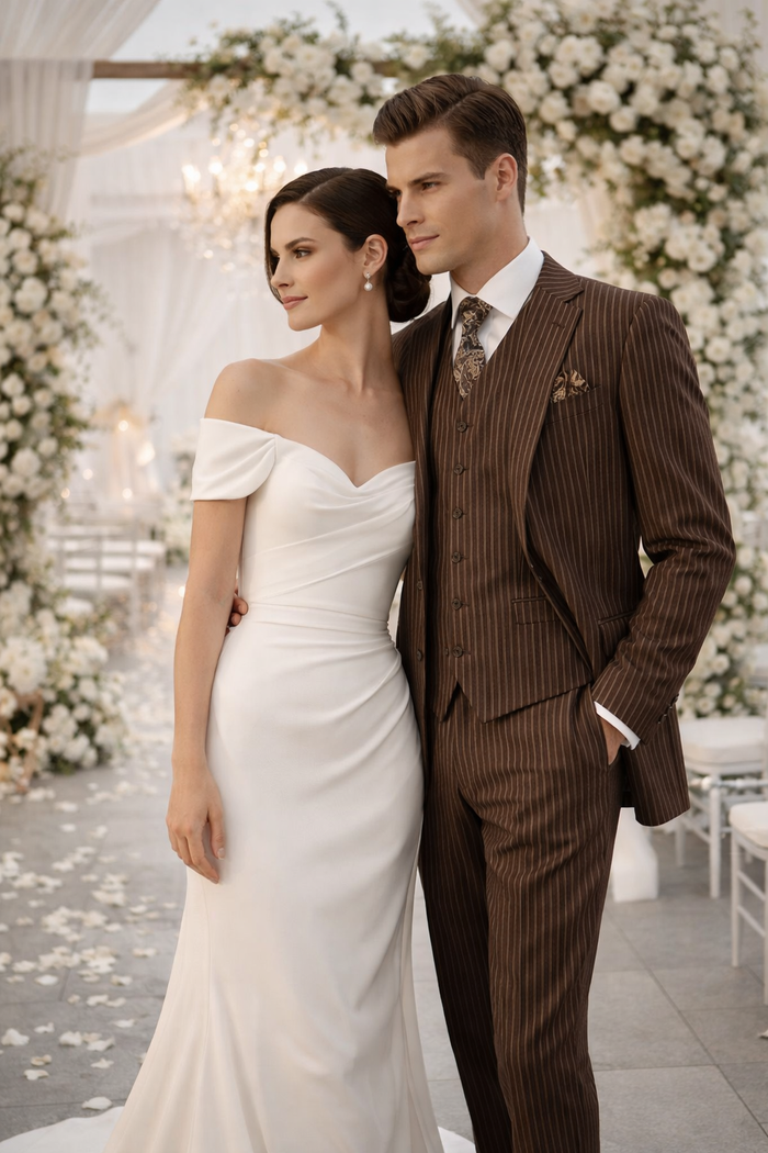 Mens Brown Pinstripe 3-Piece Suits  Classic Business and Formal Wear with Vest