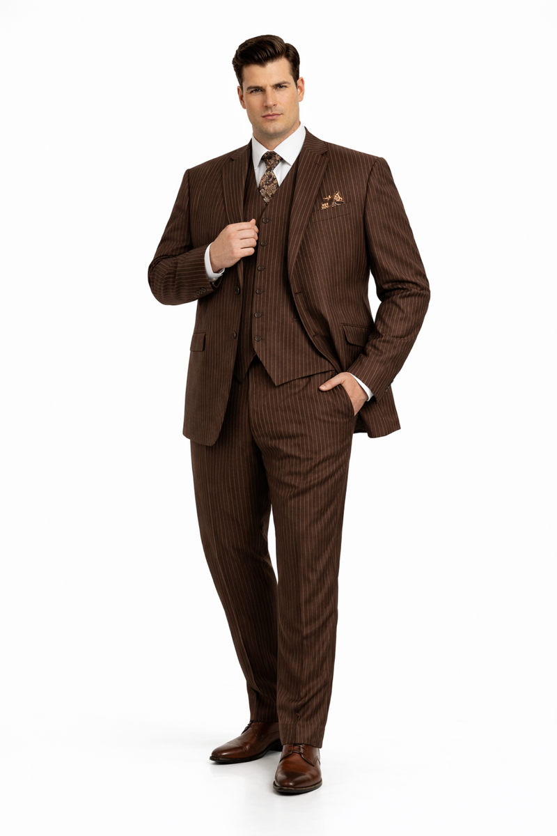 Mens Brown Pinstripe 3-Piece Suits  Classic Business and Formal Wear with Vest