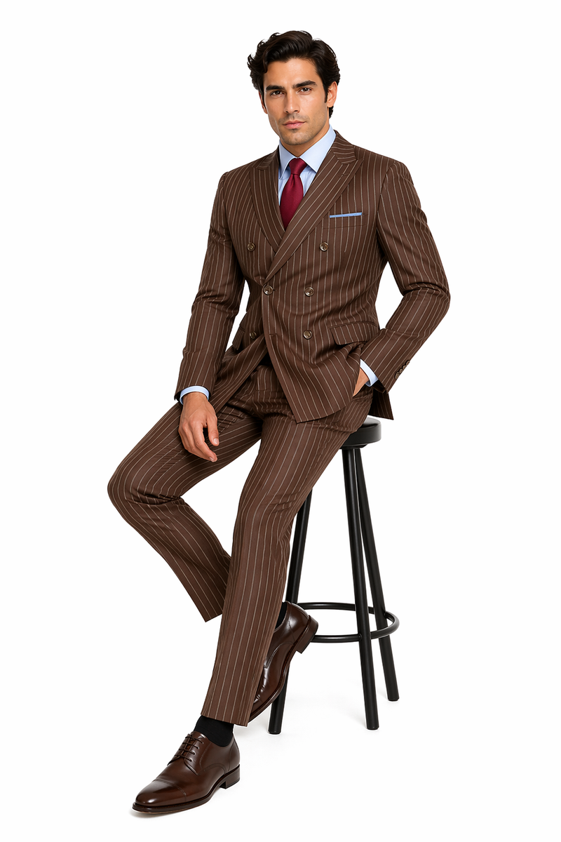 Mens Brown Pinstripe Double-Breasted Suit â€“ Classic 6-Button Business and Vintage Style