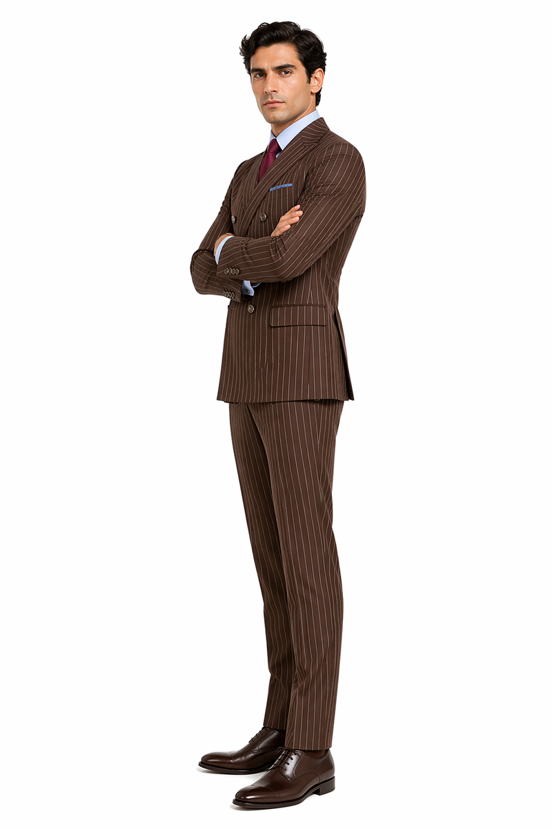 Mens Brown Pinstripe Double-Breasted Suit â€“ Classic 6-Button Business and Vintage Style
