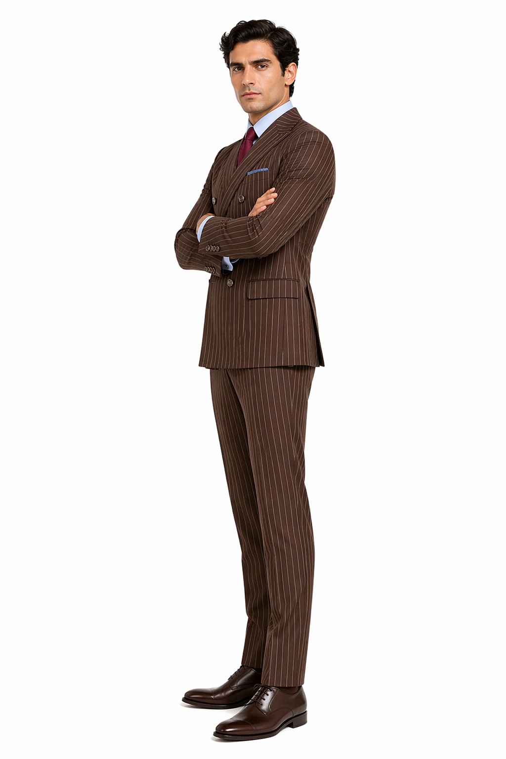 Mens Brown Pinstripe Double-Breasted Suit â€“ Classic 6-Button Business and Vintage Style