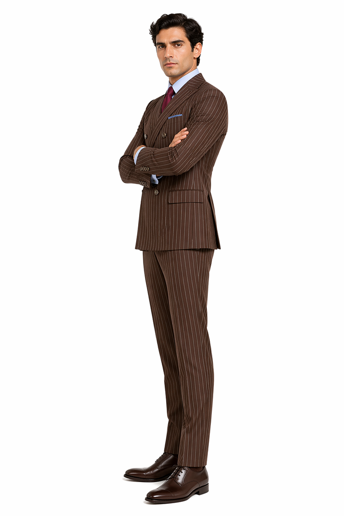 Mens Brown Pinstripe Double-Breasted Suit â€“ Classic 6-Button Business and Vintage Style