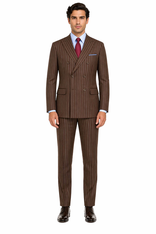 Mens Brown Pinstripe Double-Breasted Suit â€“ Classic 6-Button