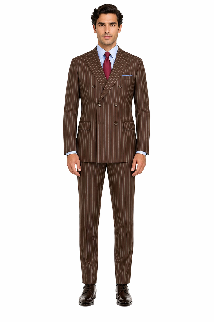 Mens Brown Pinstripe Double-Breasted Suit â€“ Classic 6-Button Business and Vintage Style