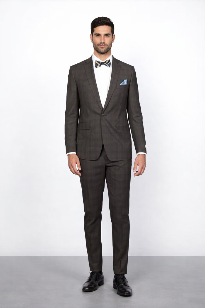 Men's Brown Plaid Slim Fit Suit by Rossiman Rossi â€“ Peak Lapel Jacket & Tapered Pants