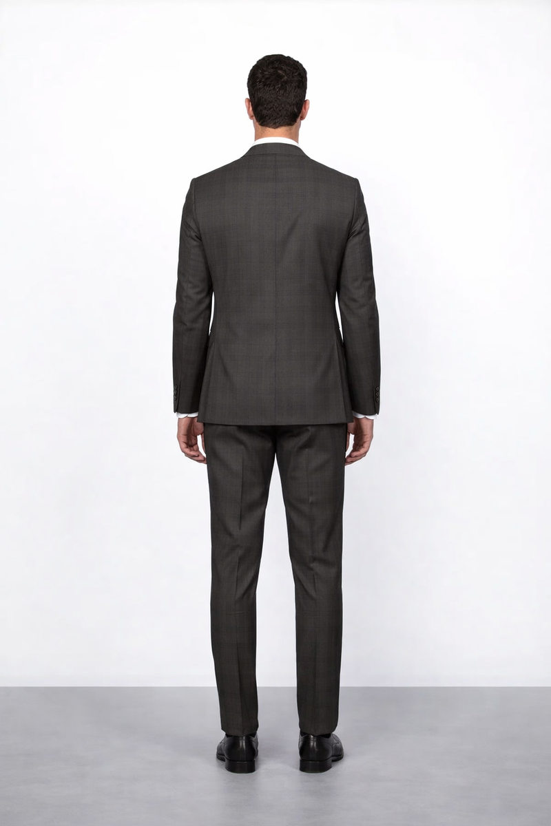 Men's Brown Plaid Slim Fit Suit by Rossiman Rossi â€“ Peak Lapel Jacket & Tapered Pants