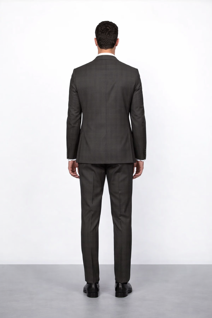 Men's Brown Plaid Slim Fit Suit by Rossiman Rossi â€“ Peak Lapel Jacket & Tapered Pants