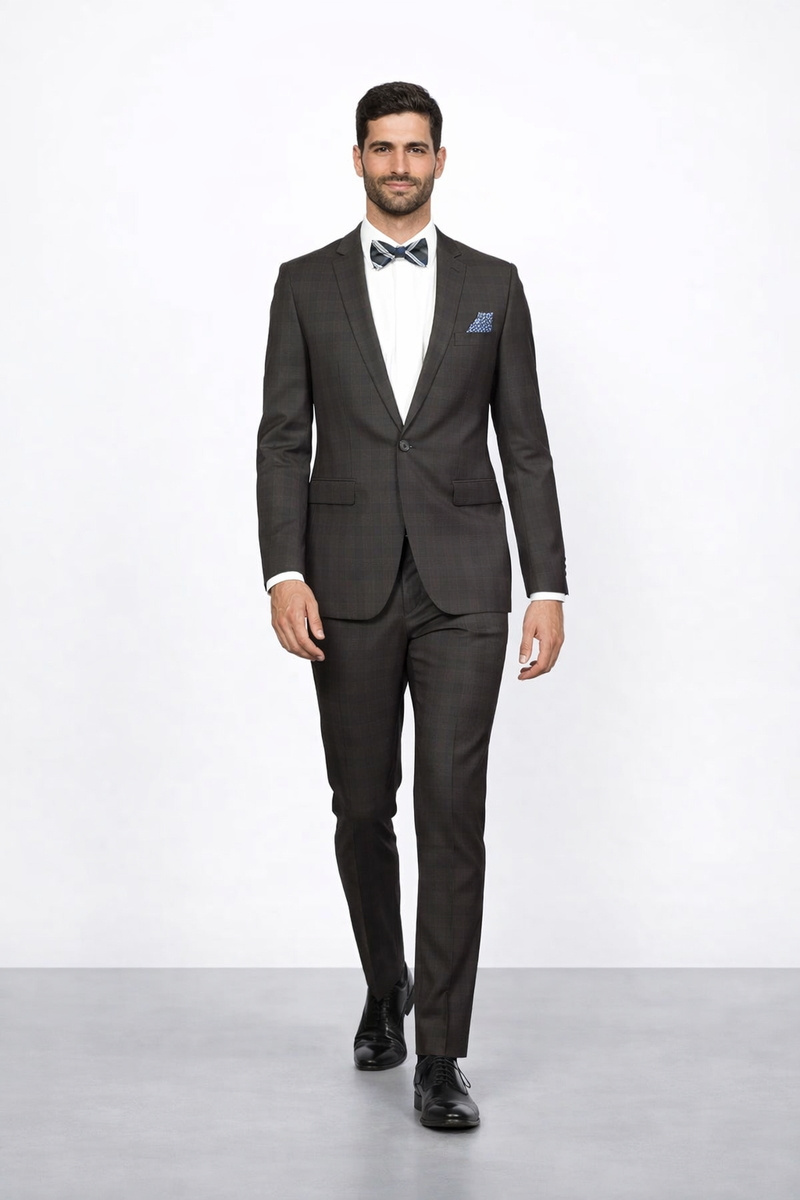 Men's Brown Plaid Slim Fit Suit by Rossiman Rossi â€“ Peak Lapel Jacket & Tapered Pants