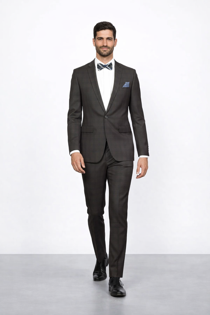 Men's Brown Plaid Slim Fit Suit by Rossiman Rossi â€“ Peak Lapel Jacket & Tapered Pants