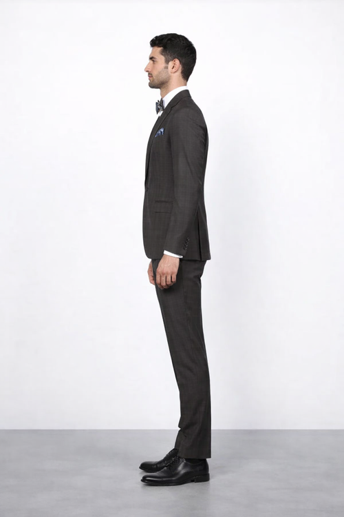 Men's Brown Plaid Slim Fit Suit by Rossiman Rossi â€“ Peak Lapel Jacket & Tapered Pants