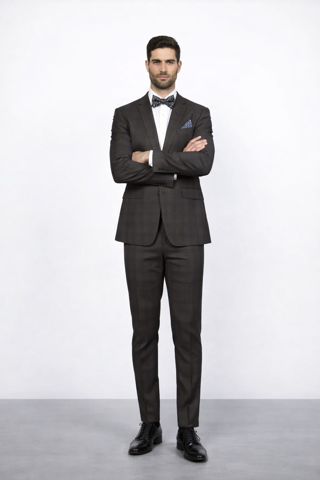 Men's Brown Plaid Slim Fit Suit by Rossiman Rossi â€“ Peak Lapel Jacket & Tapered Pants