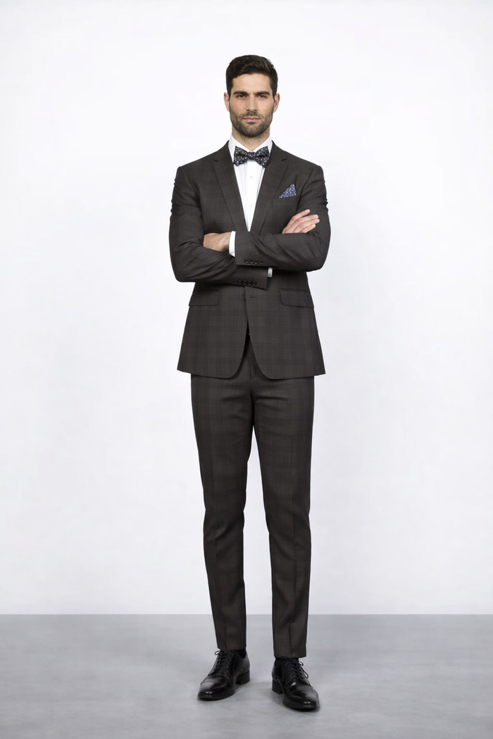Men's Brown Plaid Slim Fit Suit by Rossiman Rossi â€“ Peak Lapel Jacket & Tapered Pants