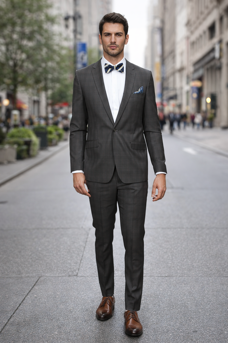 Men's Brown Plaid Slim Fit Suit by Rossiman Rossi â€“ Peak Lapel Jacket & Tapered Pants