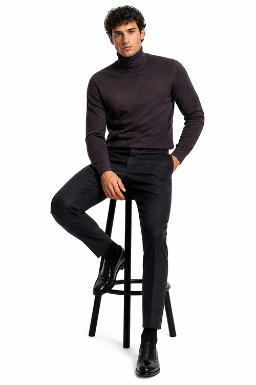 Men's Brown Turtleneck Sweater â€“ Classic Slim Fits Knit Pullover for Fall and Winter