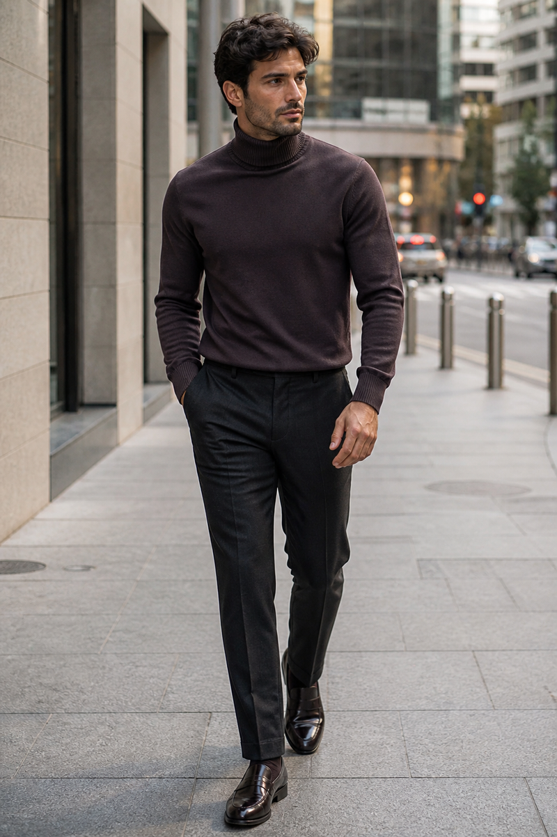 Men's Brown Turtleneck Sweater â€“ Classic Slim Fits Knit Pullover for Fall and Winter