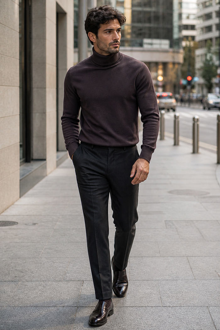 Men's Brown Turtleneck Sweater â€“ Classic Slim Fits Knit Pullover for Fall and Winter