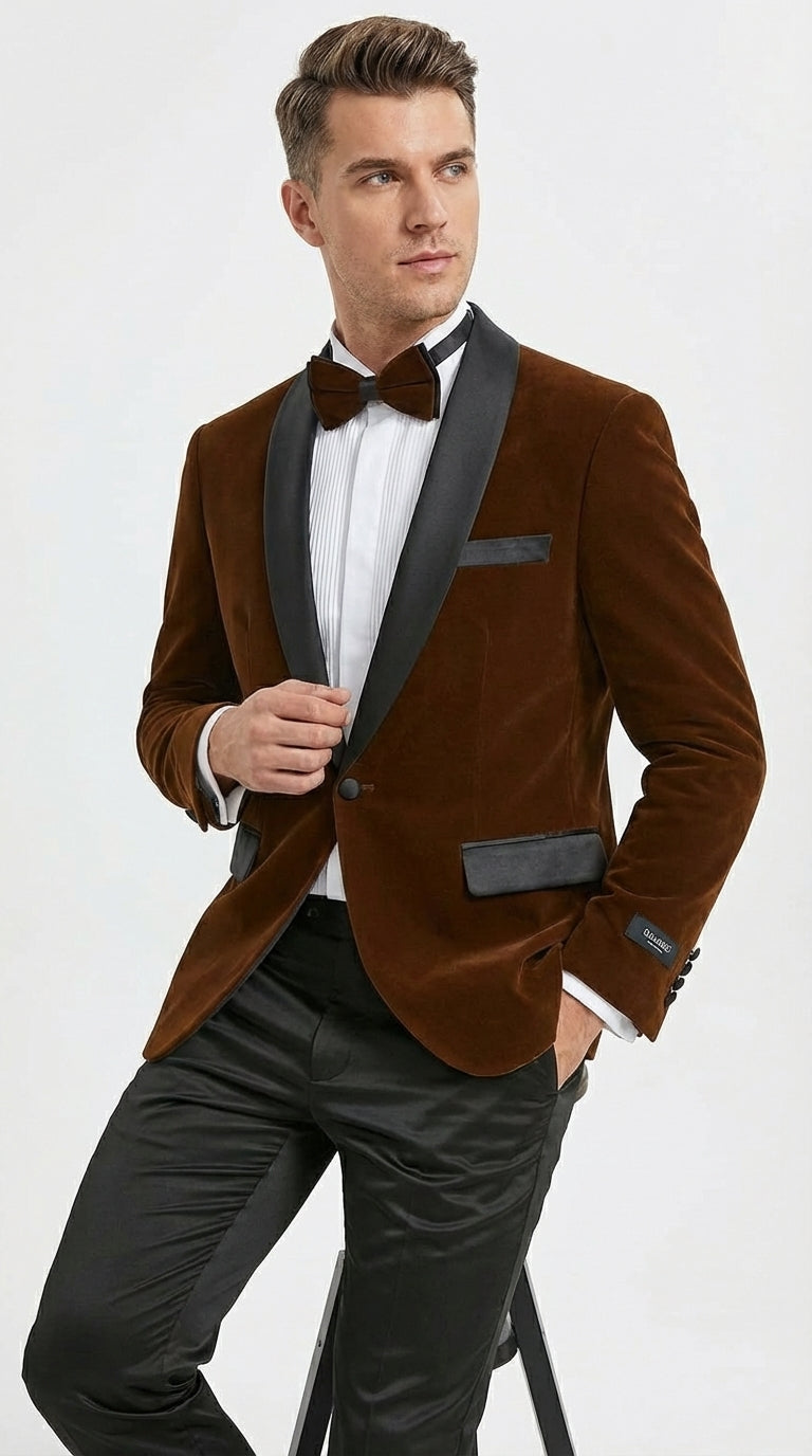 Mens Brown Velvet Tuxedo Jacket – Luxury Black Lapel Velvet Blazer for Wedding, Prom and Formal Events