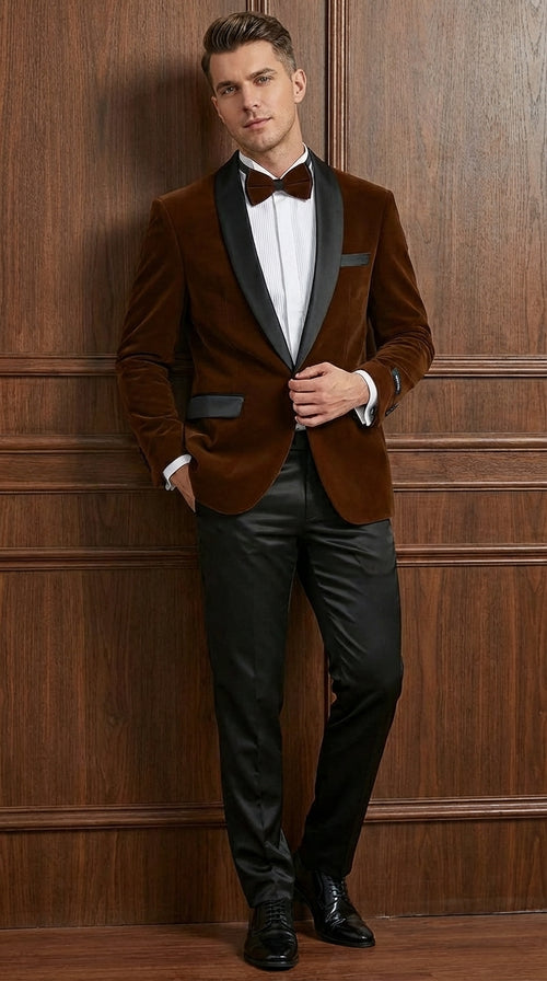 Mens Brown Velvet Tuxedo Jacket – Luxury Black Lapel Velvet Blazer for Wedding, Prom and Formal Events