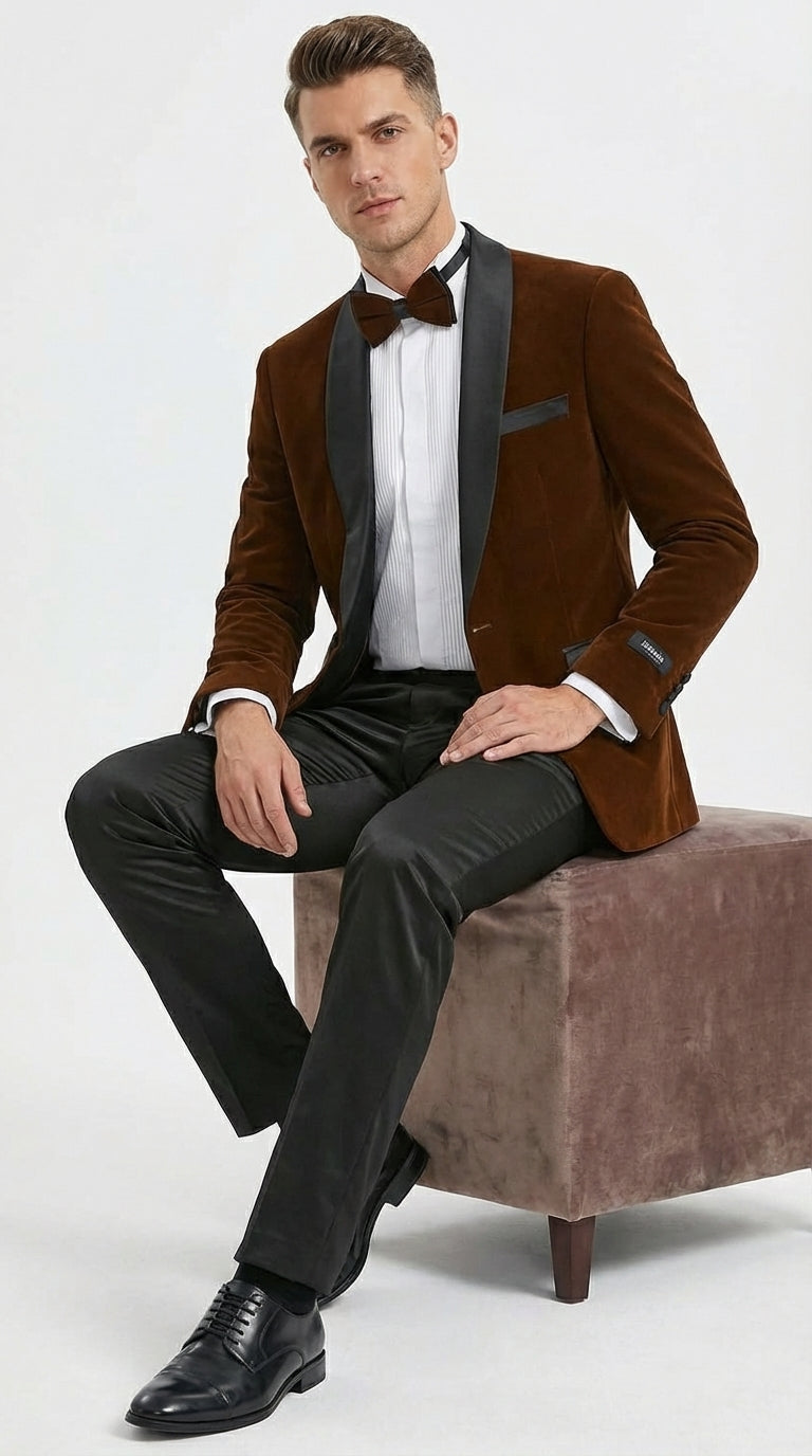 Mens Brown Velvet Tuxedo Jacket – Luxury Black Lapel Velvet Blazer for Wedding, Prom and Formal Events
