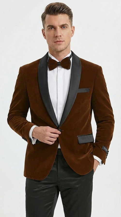 Mens Brown Velvet Tuxedo Jacket – Luxury Black Lapel Velvet Blazer for Wedding, Prom and Formal Events