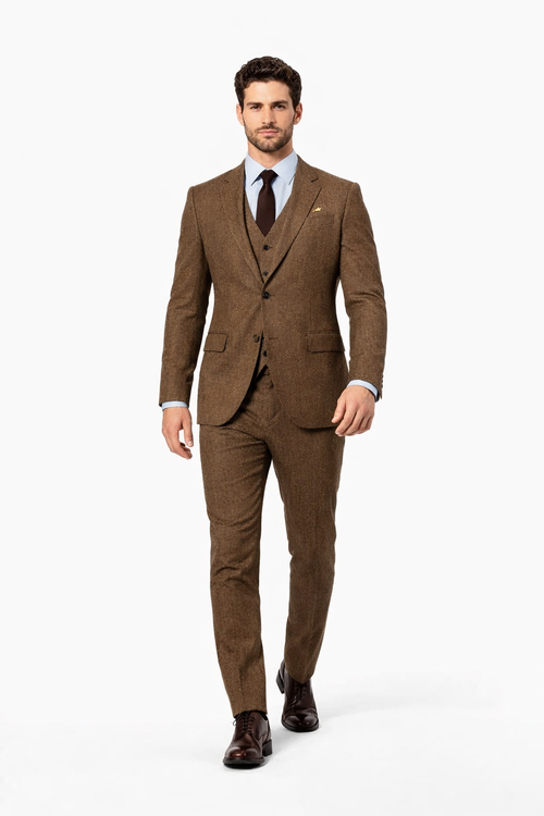Mens Brown Wedding Suit - Tweed Herringbone English Country Fabric