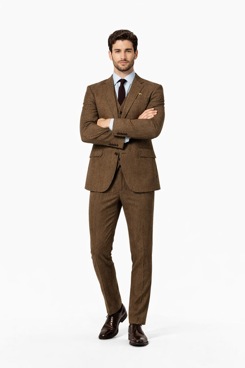 Mens Brown Wedding Suit - Tweed Herringbone English Country Fabric