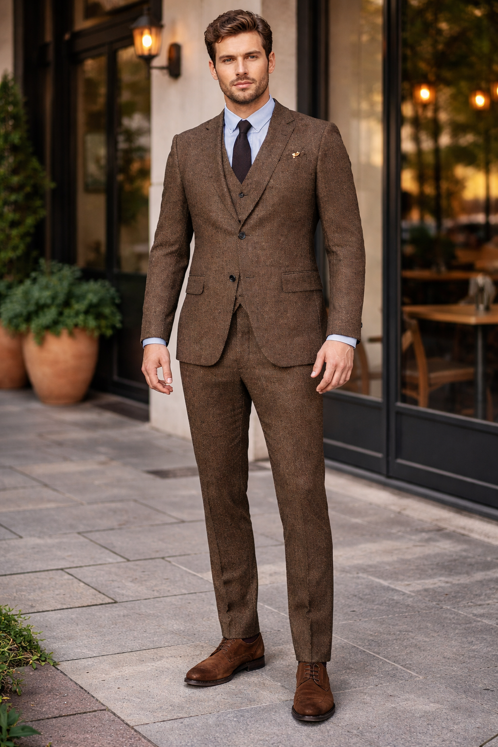 Mens Brown Wedding Suit - Tweed Herringbone English Country Fabric
