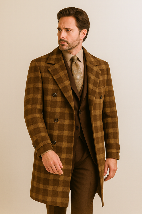 "Men's Double Breasted Wool Overcoat - Full Length, Belted, Brown Windowpane"