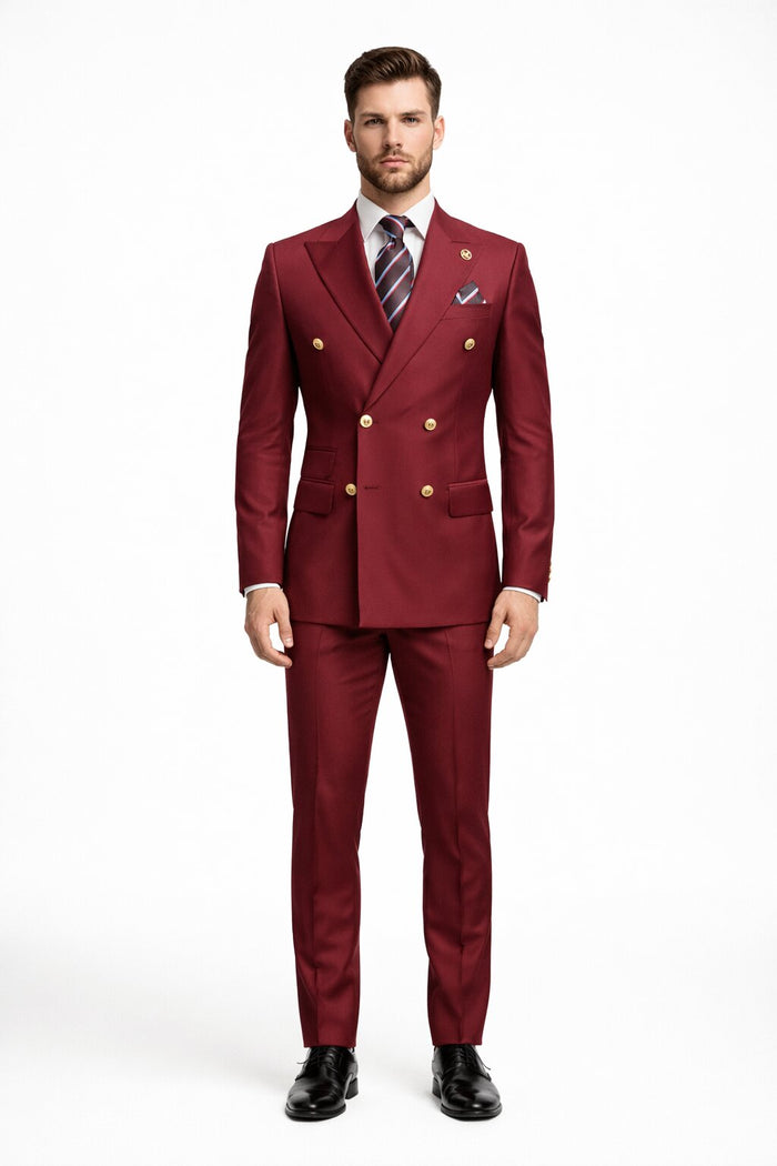 Mens Designer Modern Fit Double Breasted Wool Suit with Gold Buttons in Burgundy