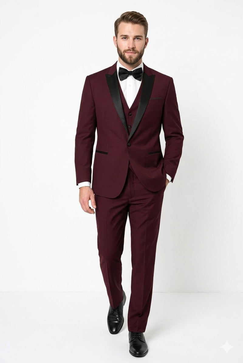 Men's Vested One Button Peak Lapel Designer Wedding Tuxedo in Burgundy