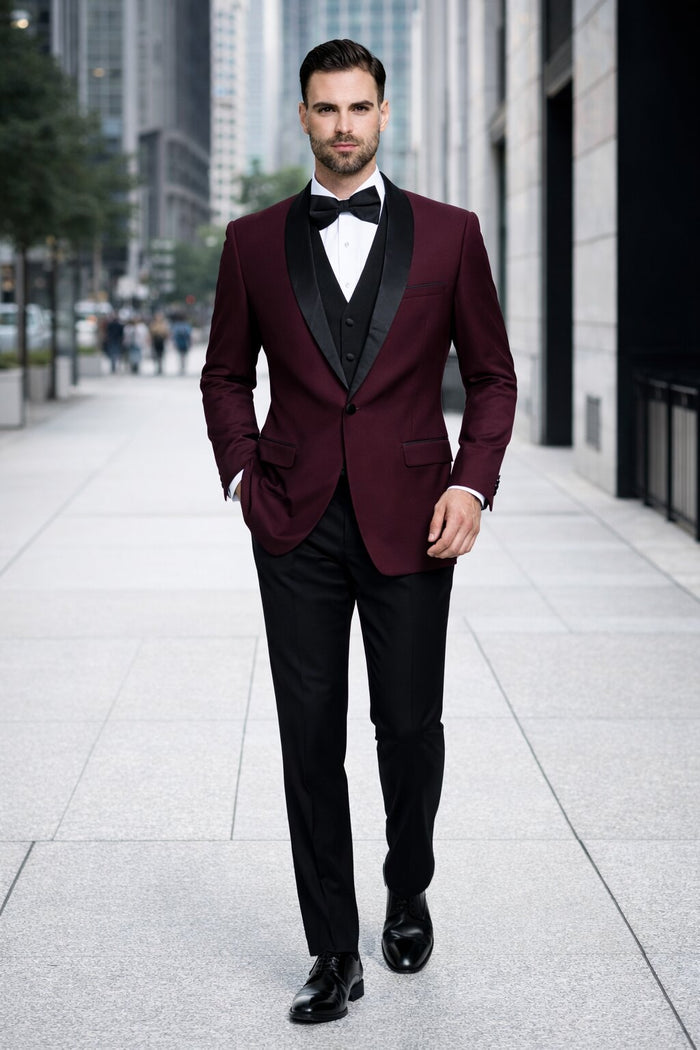 Mens 1 Button Shawl Lapel Wool Dinner  Classic Jacket in Burgundy