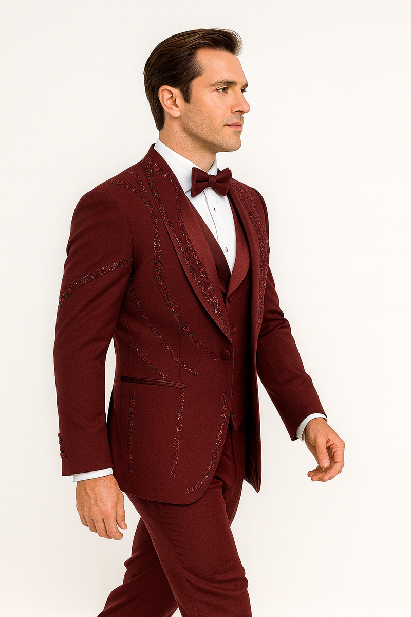 Men's burgundy Italian wool 3-piece tuxedo. Modern fit with curved lapels and tonal stitching. Includes jacket, vest & tailored trousers.