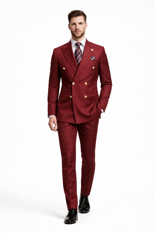 Mens Designer Modern Fit Double Breasted Wool Suit with Gold Buttons in Burgundy