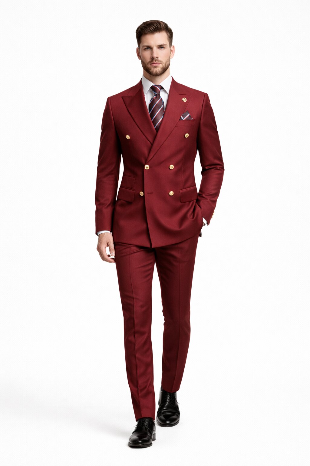 Mens Designer Modern Fit Double Breasted Wool Suit with Gold Buttons in Burgundy