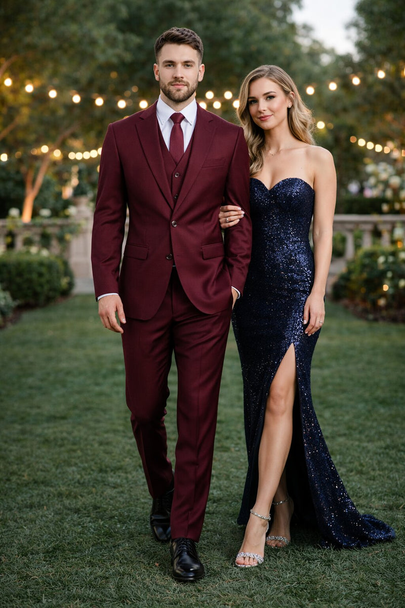 Mens Stacy Adams Suits - Designer Suit - 3 Piece Suit - Vested Suit - Flat Front Pant- Modern Fit Suits Burgundy Suit