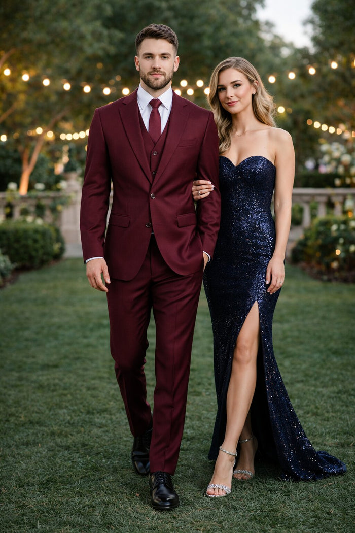 Mens Stacy Adams Suits - Designer Suit - 3 Piece Suit - Vested Suit - Flat Front Pant- Modern Fit Suits Burgundy Suit