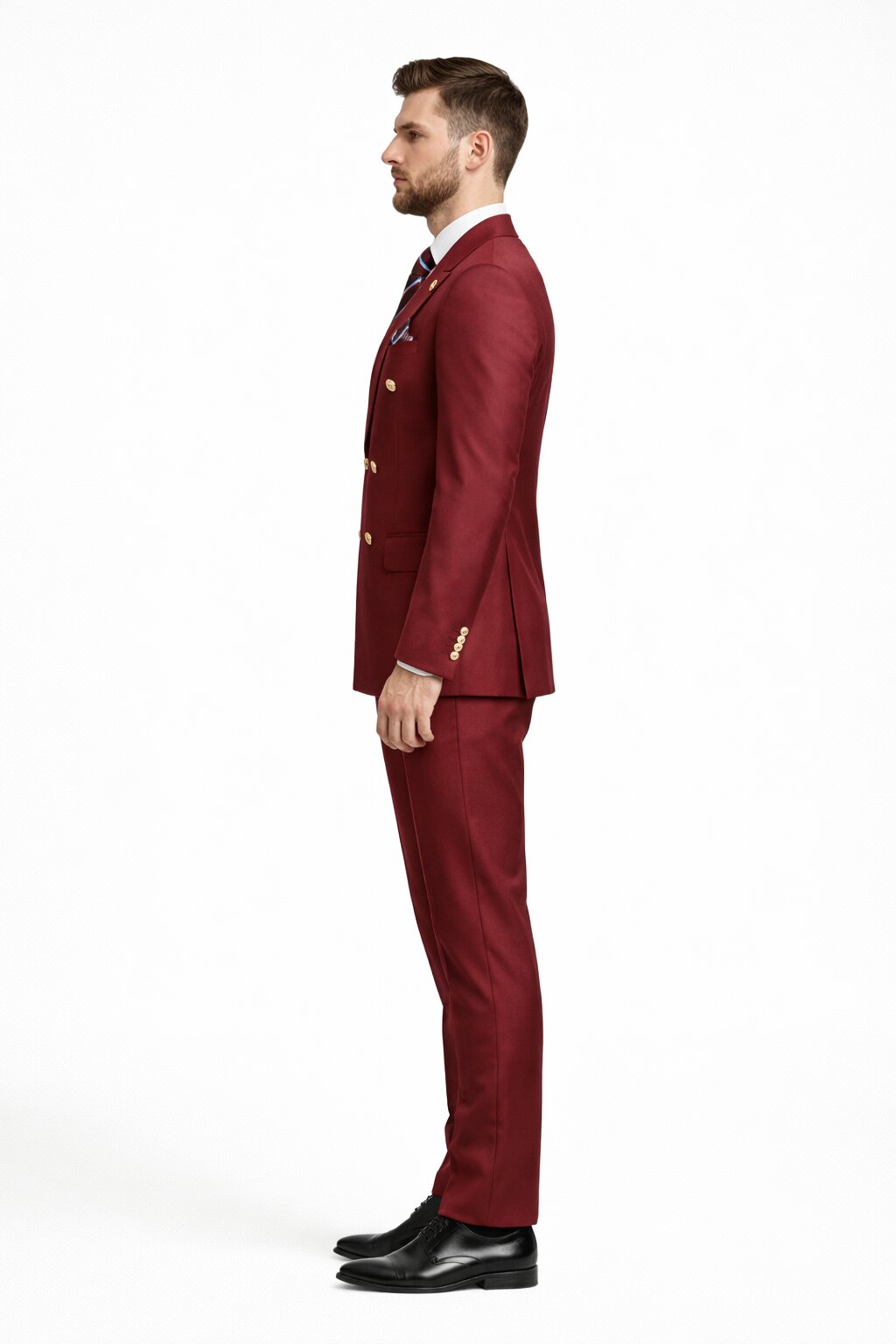 Mens Designer Modern Fit Double Breasted Wool Suit with Gold Buttons in Burgundy