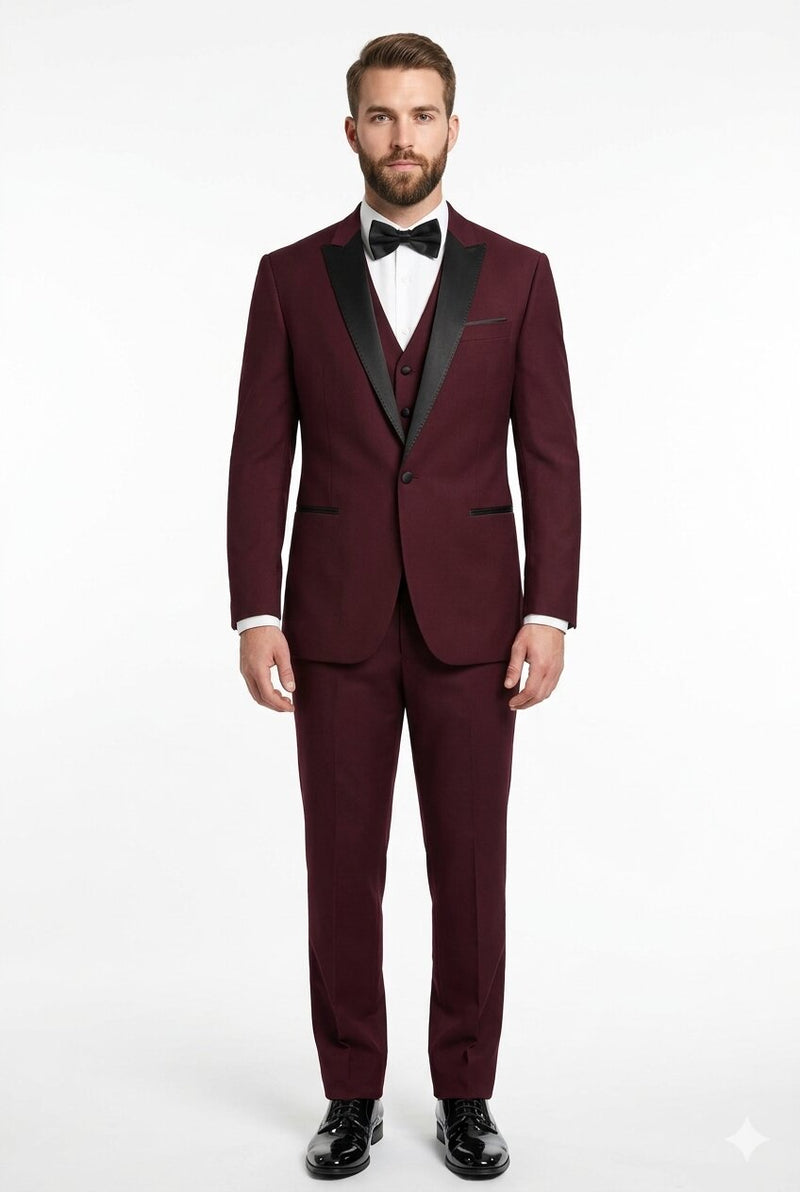 Men's Vested One Button Peak Lapel Designer Wedding Tuxedo in Burgundy
