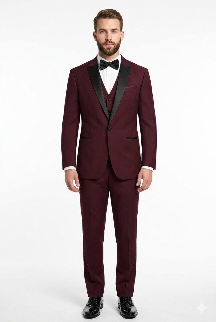 Men's Vested One Button Peak Lapel Designer Wedding Tuxedo in Burgundy