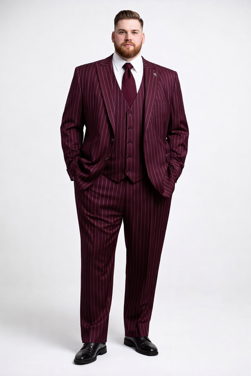 Mens 2 Button Vested 3 Piece Gangster Bold Pinstripe Suit  Burgundy