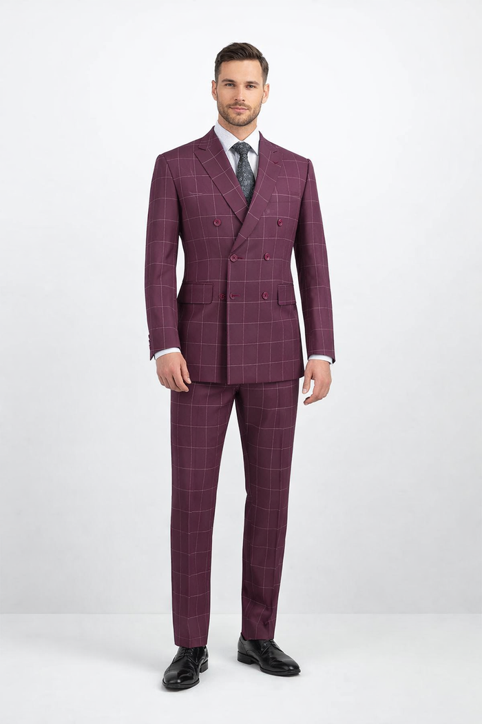 Mens Burgundy Plaid Suit Double Breasted Bold Windowpane Plaid Suit In Burgundy