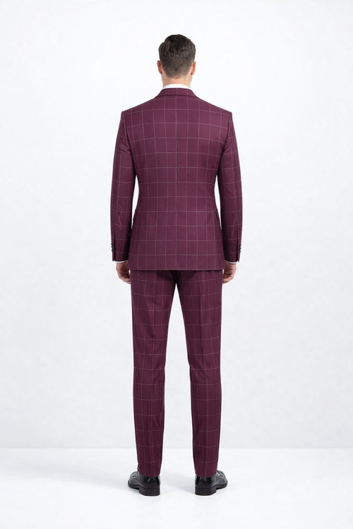 Mens Burgundy Plaid Suit Double Breasted Bold Windowpane Plaid Suit In Burgundy