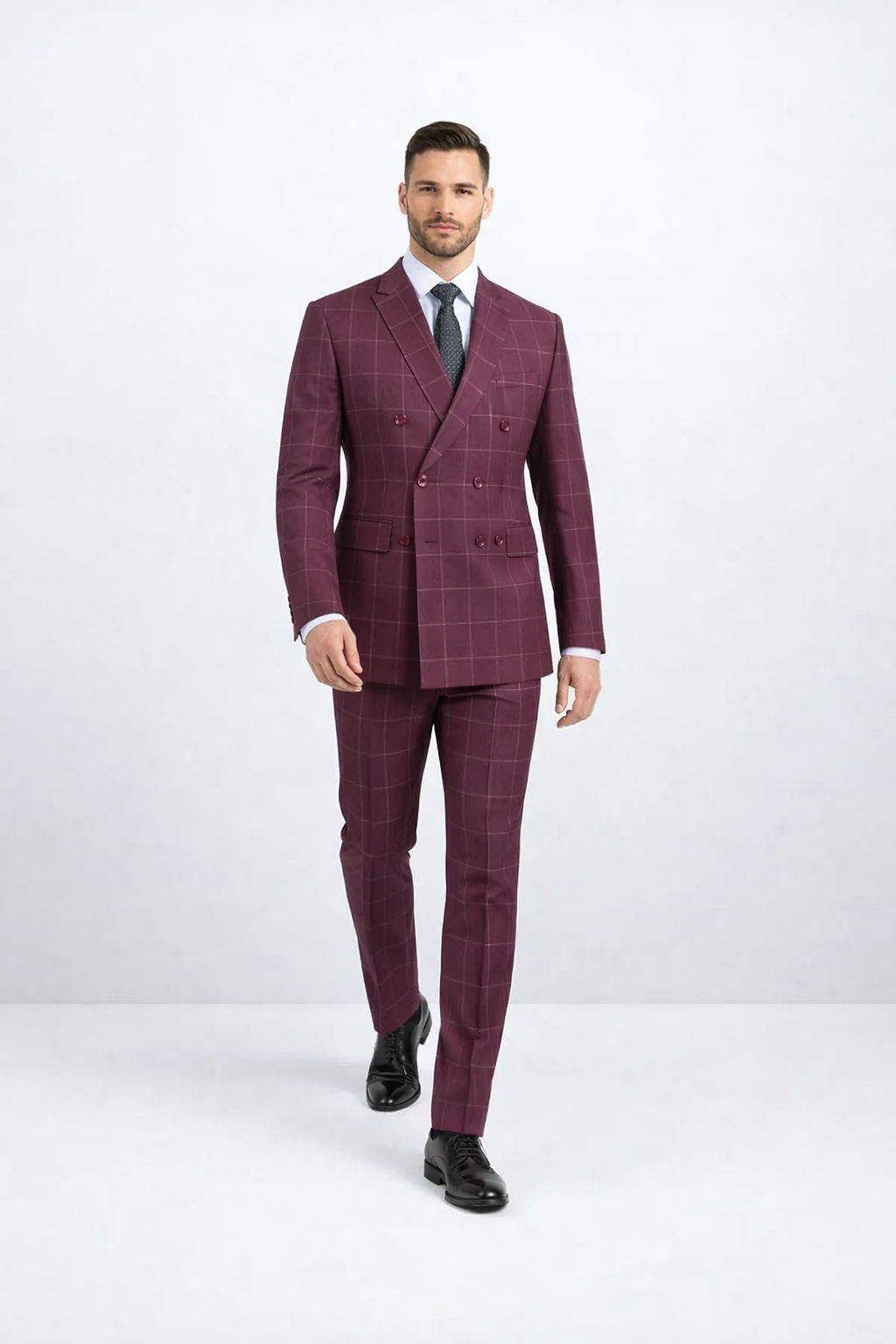 Mens Burgundy Plaid Suit Double Breasted Bold Windowpane Plaid Suit In Burgundy