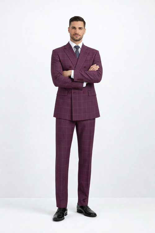 Mens Burgundy Plaid Suit Double Breasted Bold Windowpane Plaid Suit In Burgundy
