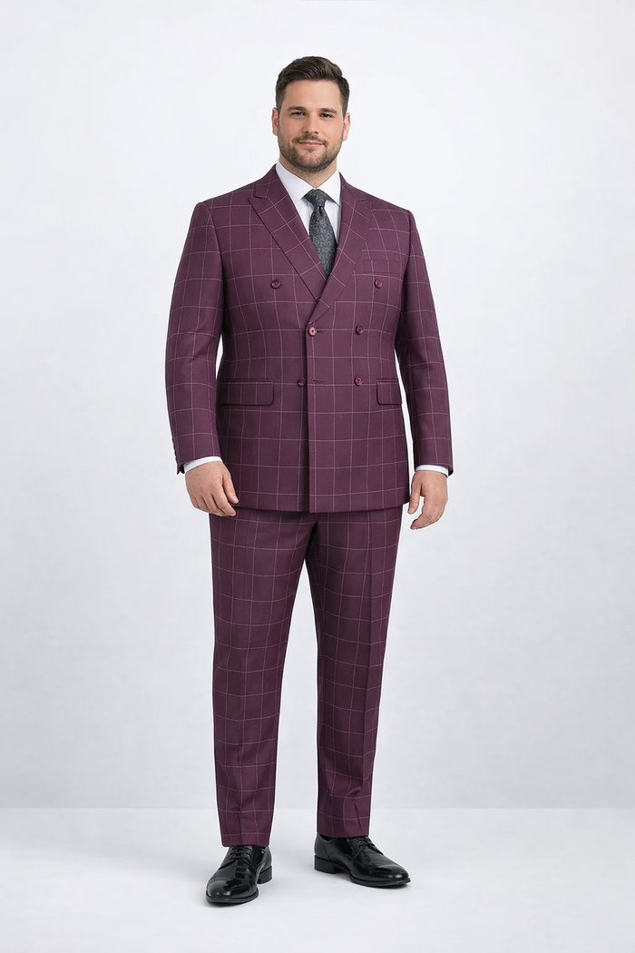 Mens Burgundy Plaid Suit Double Breasted Bold Windowpane Plaid Suit In Burgundy