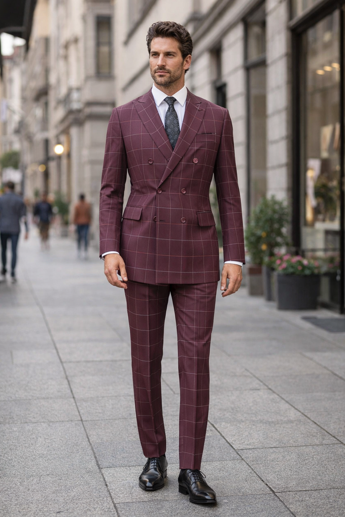 Mens Burgundy Plaid Suit Double Breasted Bold Windowpane Plaid Suit In Burgundy