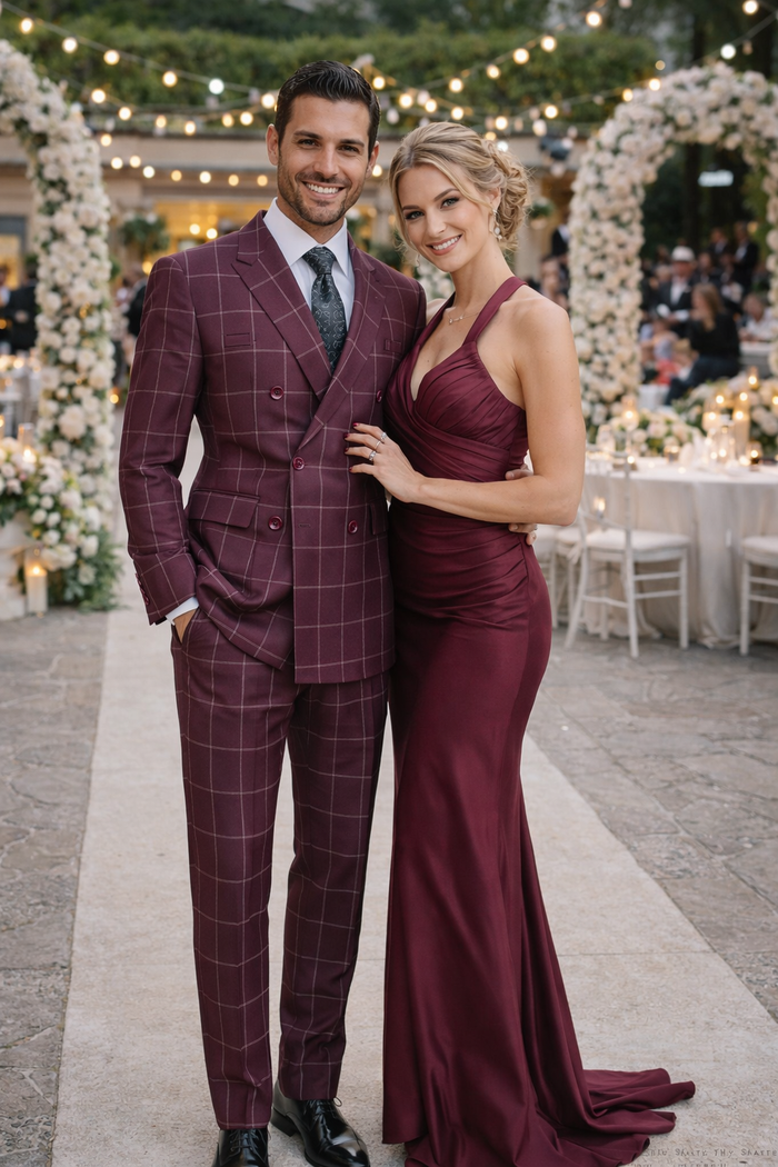 Mens Burgundy Plaid Suit Double Breasted Bold Windowpane Plaid Suit In Burgundy