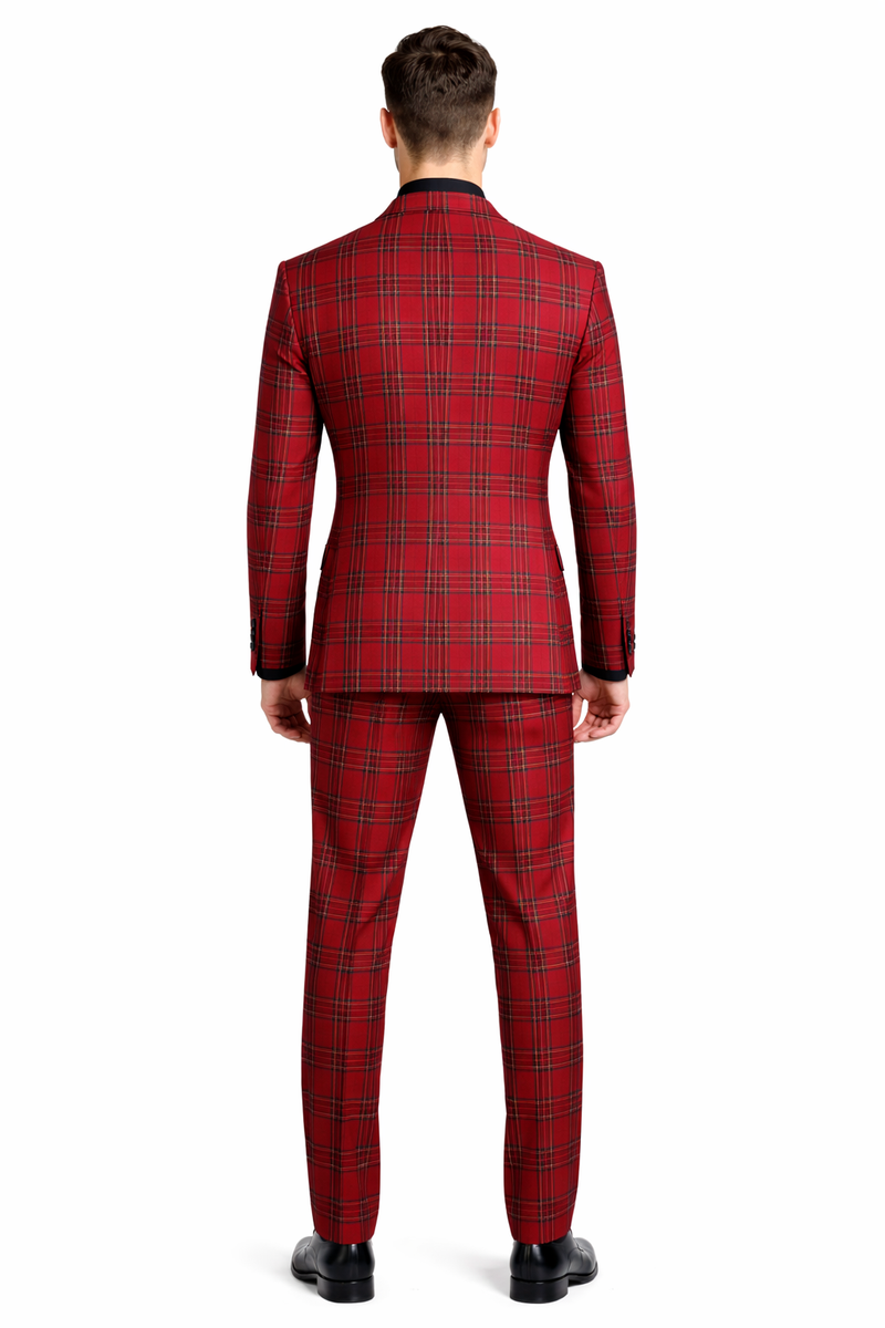 Mens Burgundy Plaid Three-Piece Suit â€“ Ultra Slim Fit Checkered Windowpane Redish 544-10