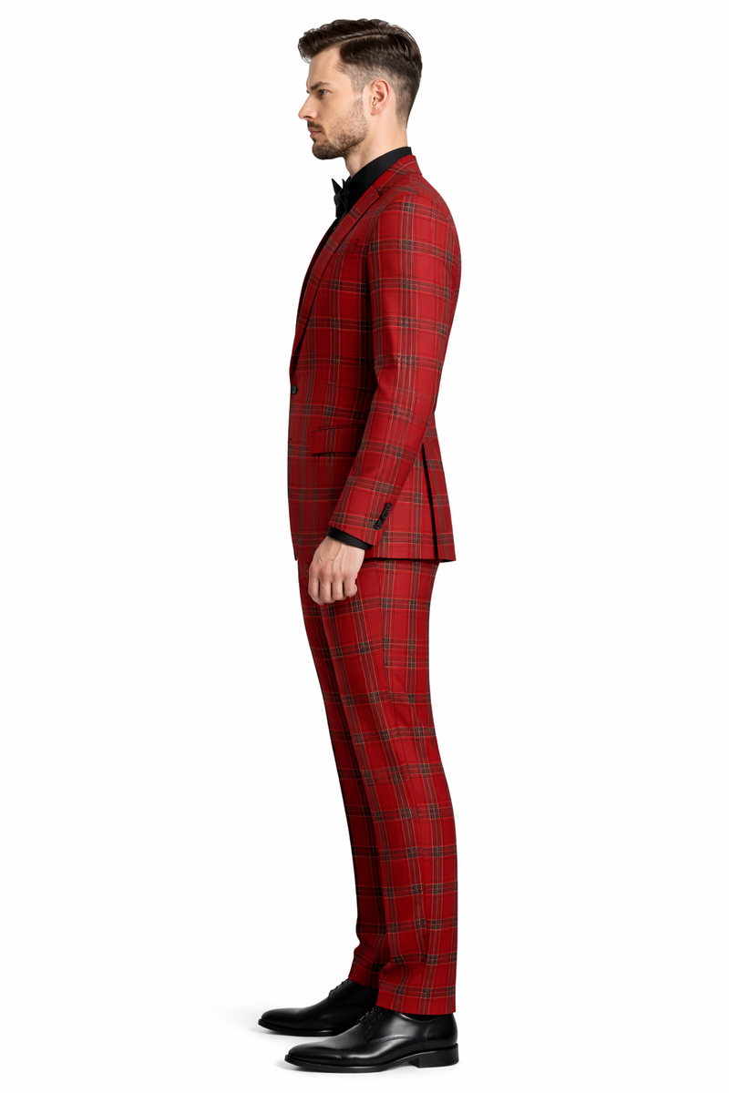 Mens Burgundy Plaid Three-Piece Suit â€“ Ultra Slim Fit Checkered Windowpane Redish 544-10