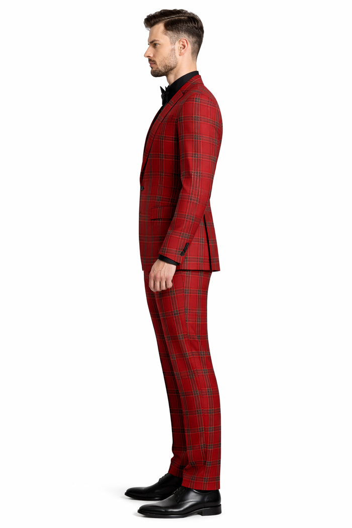 Mens Burgundy Plaid Three-Piece Suit â€“ Ultra Slim Fit Checkered Windowpane Redish 544-10